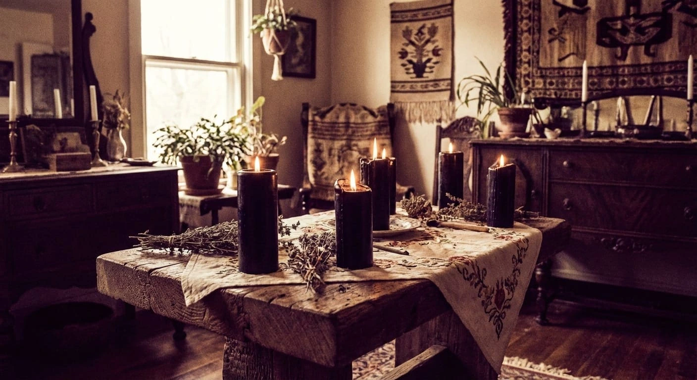 Candele nere sull'altare di una vera strega