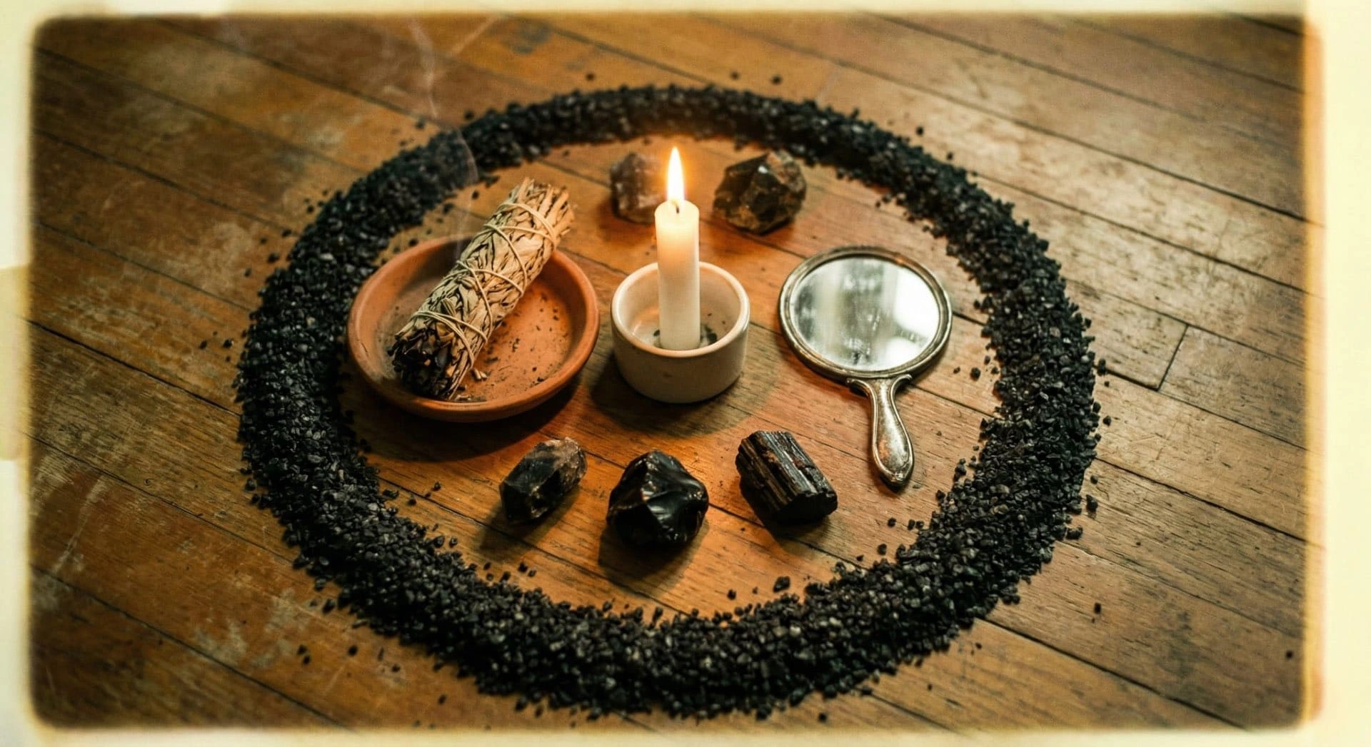 Cerchio rituale di sale nero, candela e cristalli