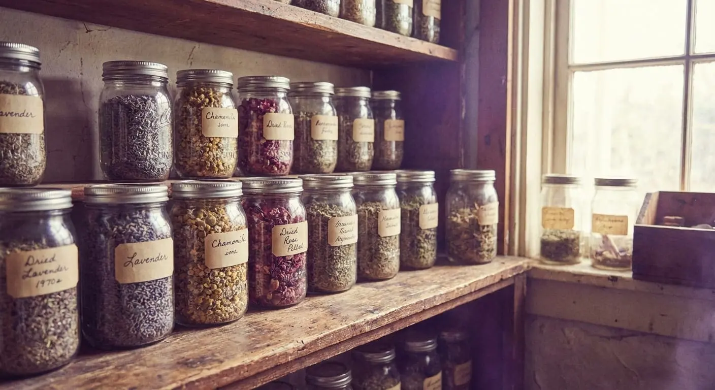 Erbe officinali e mortaio sulla finestra di una strega