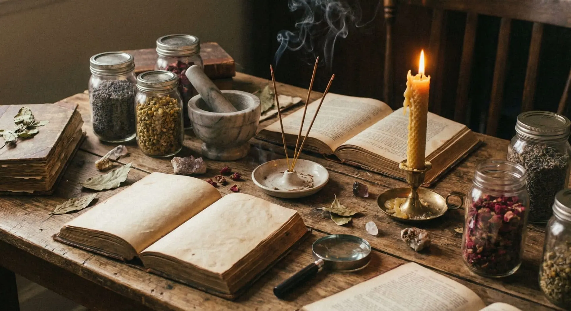 Tavolo di studio rituale con libri antichi e incenso